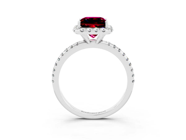 Silver Princess Cut Garnet Halo Ring with Round Pavé Band and Prong Setting