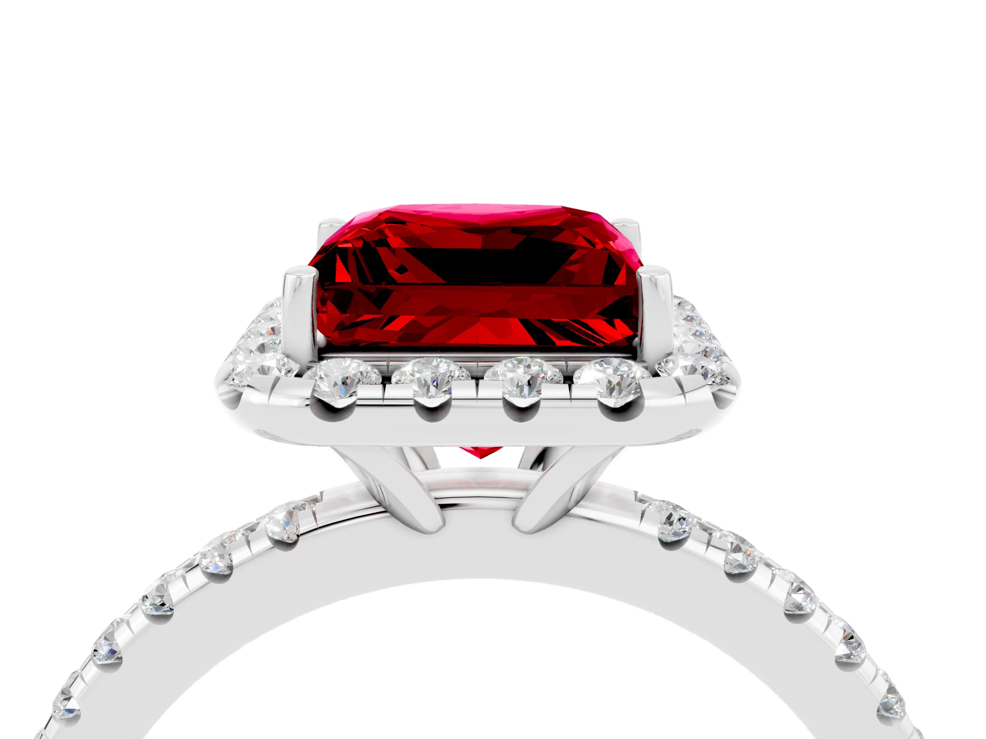 White gold Princess Cut Halo Round Diamond Pavé Band Four-Prong Ring_4