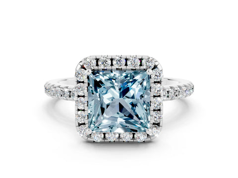 White gold Princess Cut Halo Round Diamond Pavé Band Four-Prong Ring