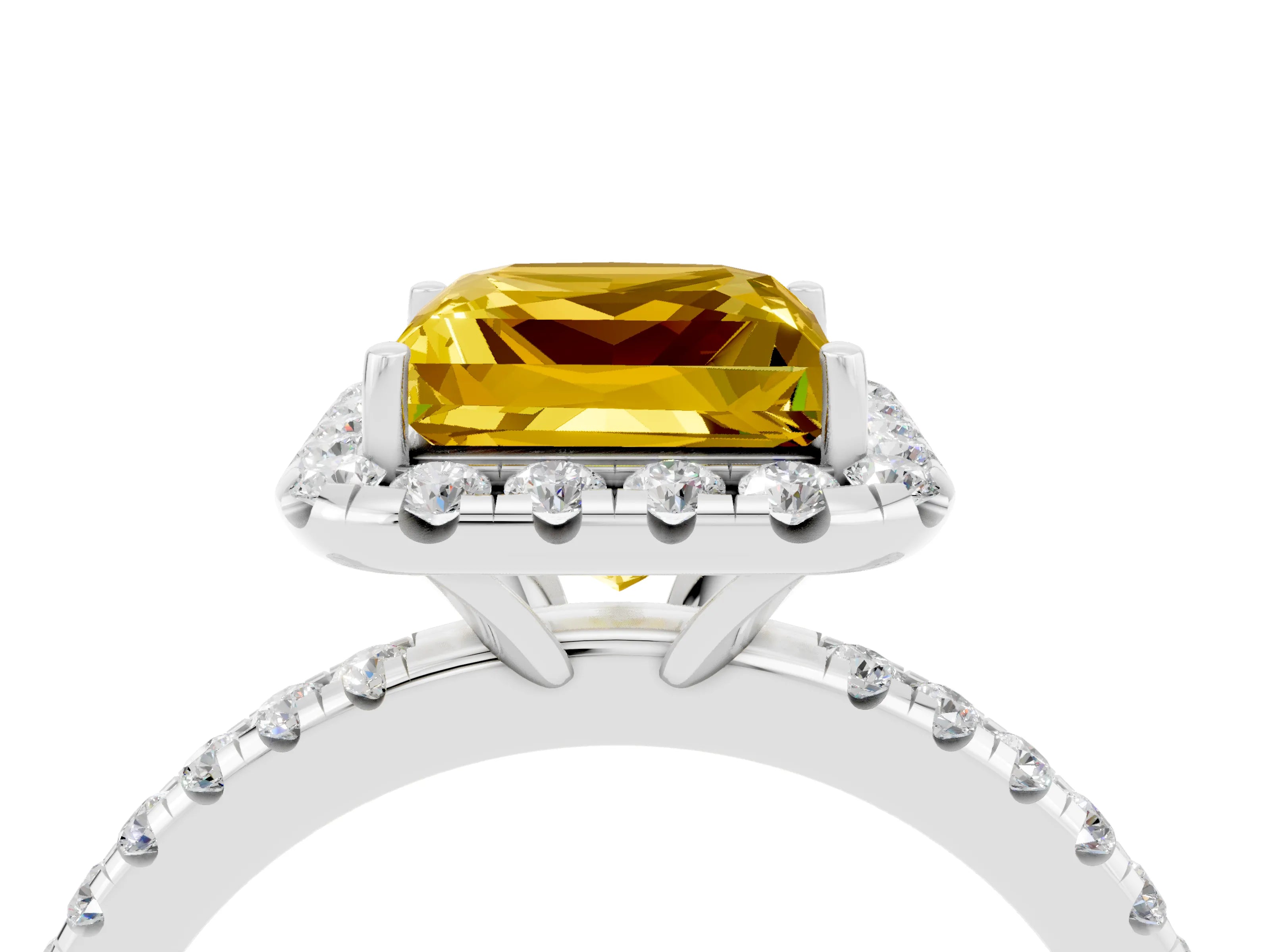 White gold Princess Cut Halo Round Diamond Pavé Band Four-Prong Ring_4