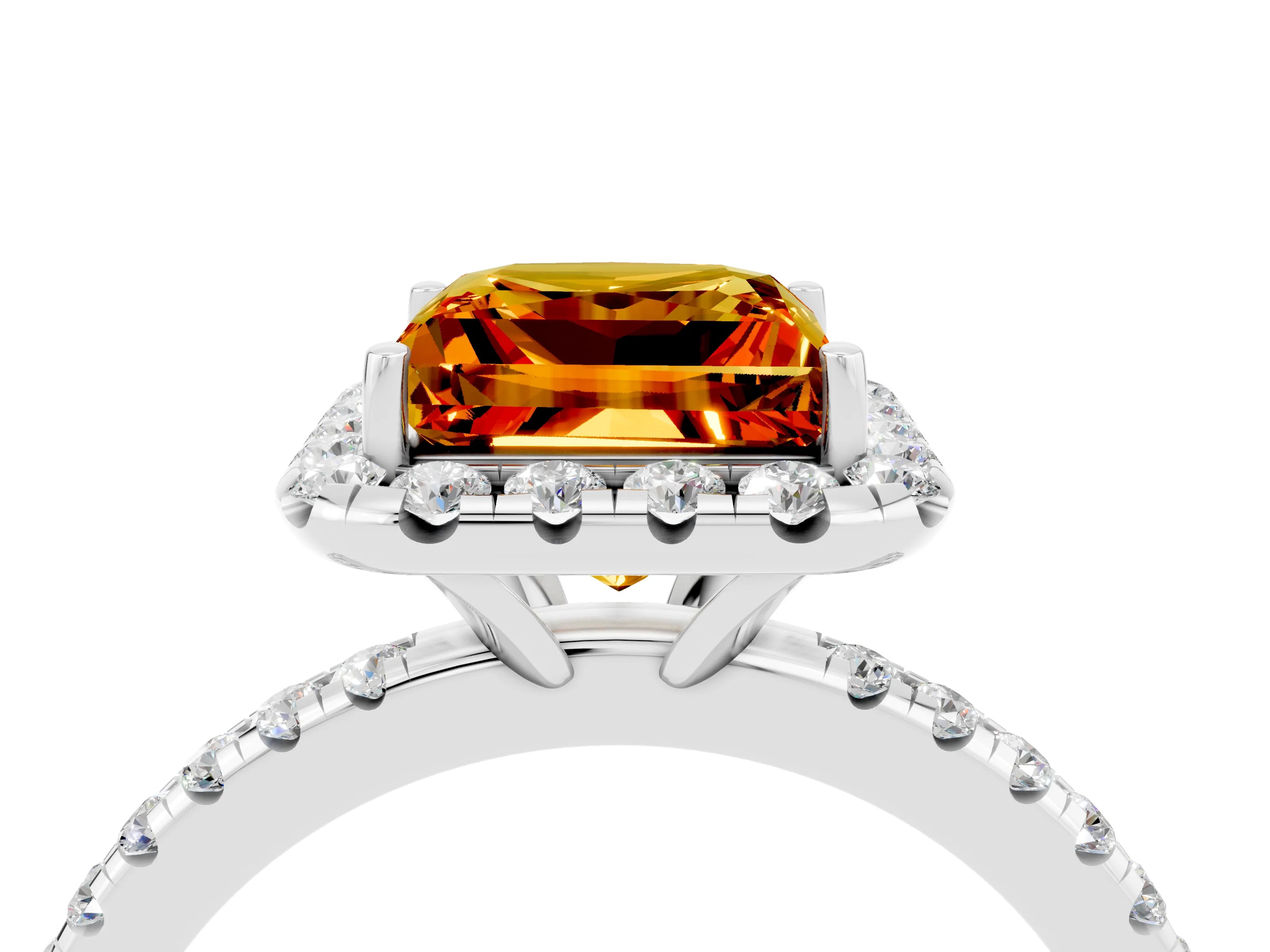 White gold Princess Cut Halo Round Diamond Pavé Band Four-Prong Ring_4