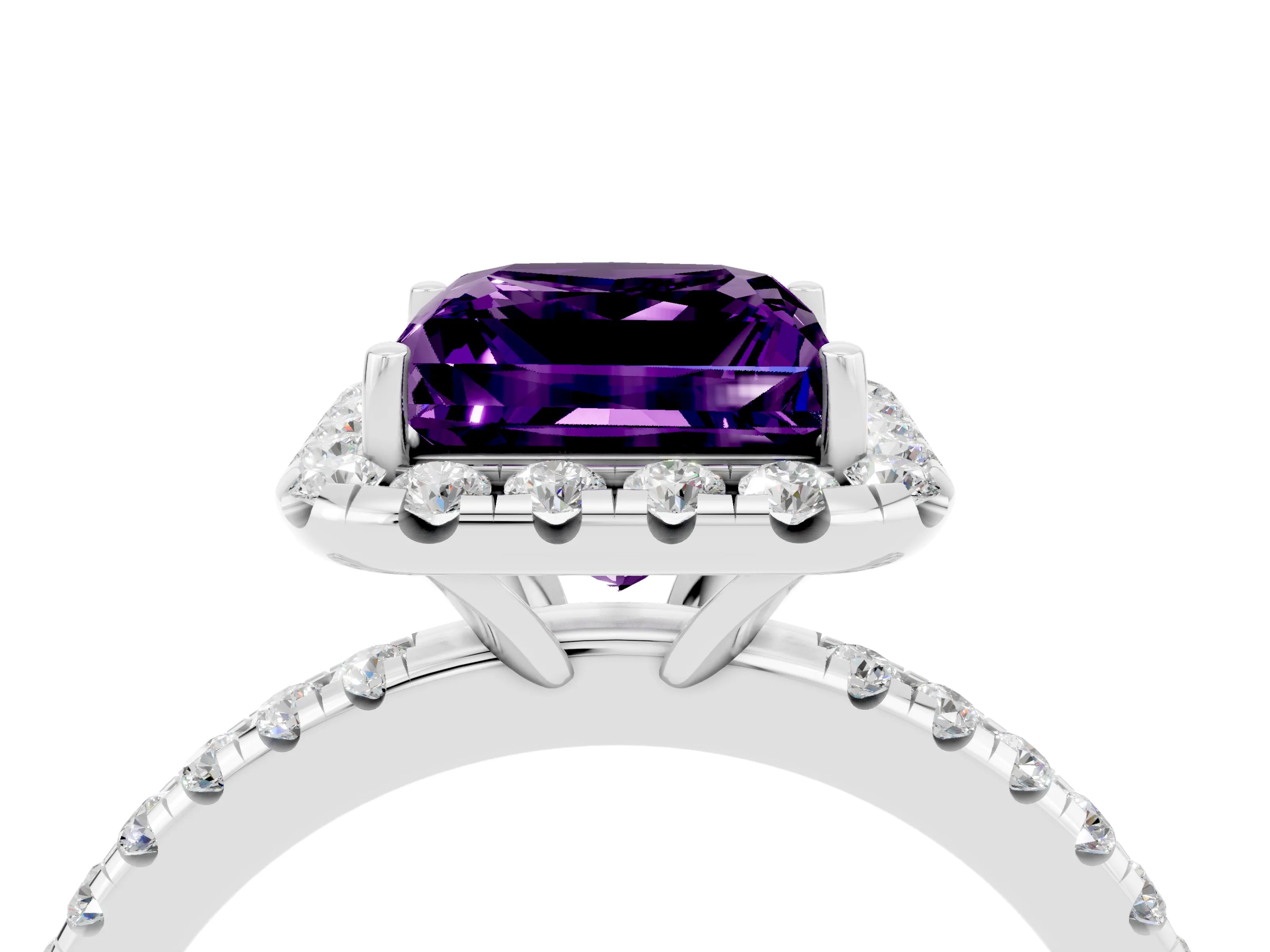White gold Princess Cut Halo Round Diamond Pavé Band Four-Prong Ring_4