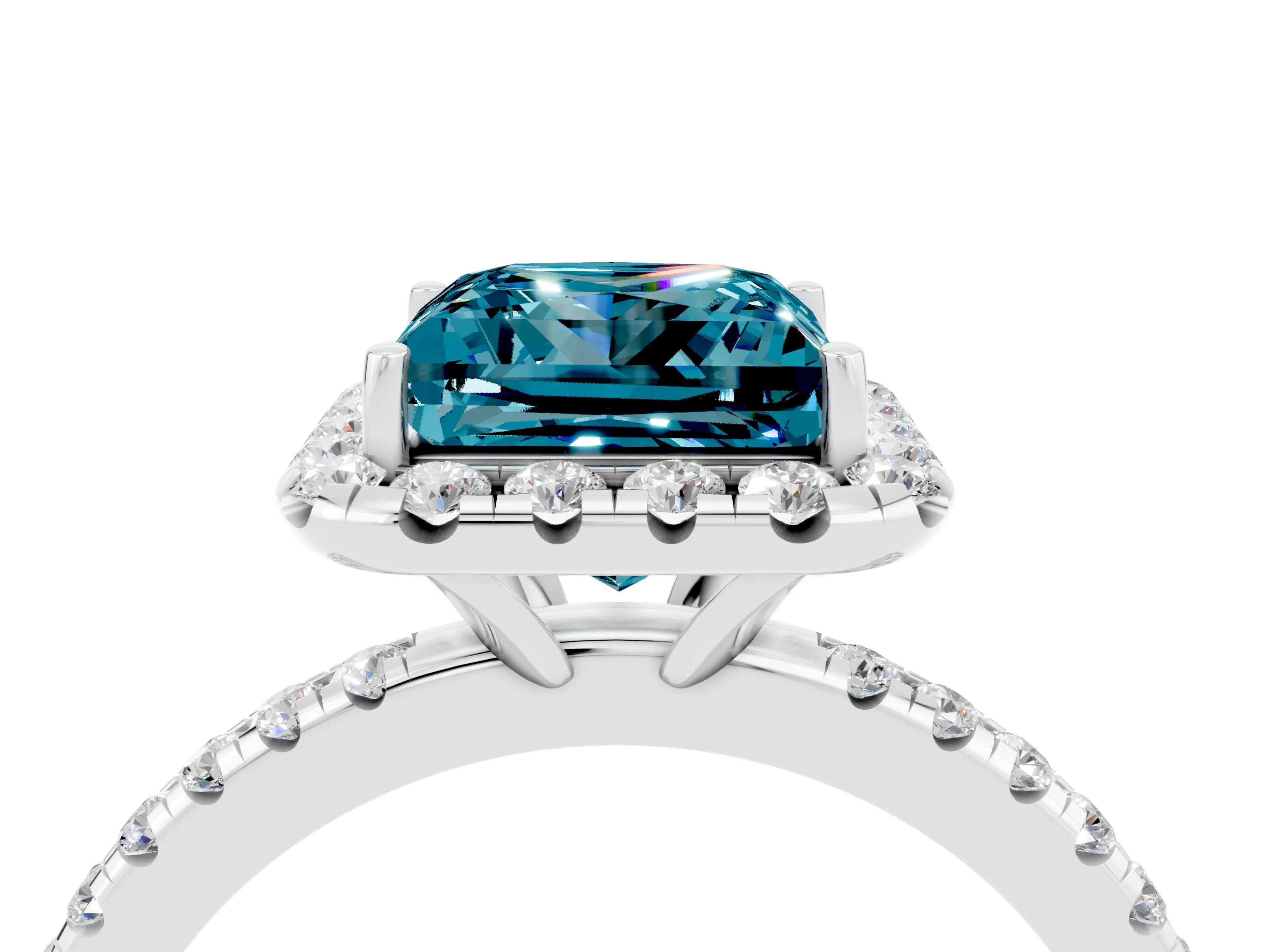 White gold Princess Cut Halo Round Diamond Pavé Band Four-Prong Ring_4