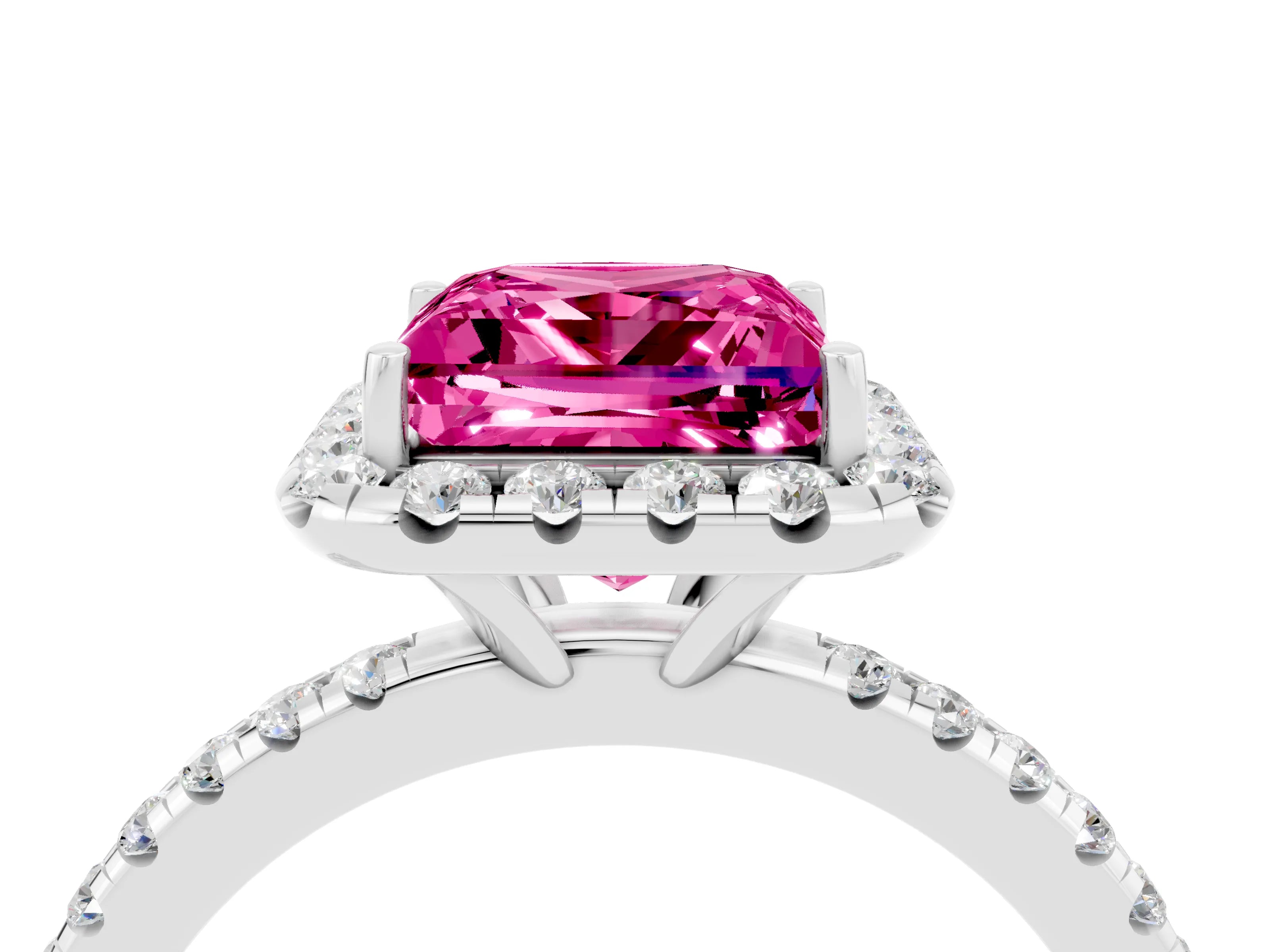 White gold Princess Cut Halo Round Diamond Pavé Band Four-Prong Ring_4
