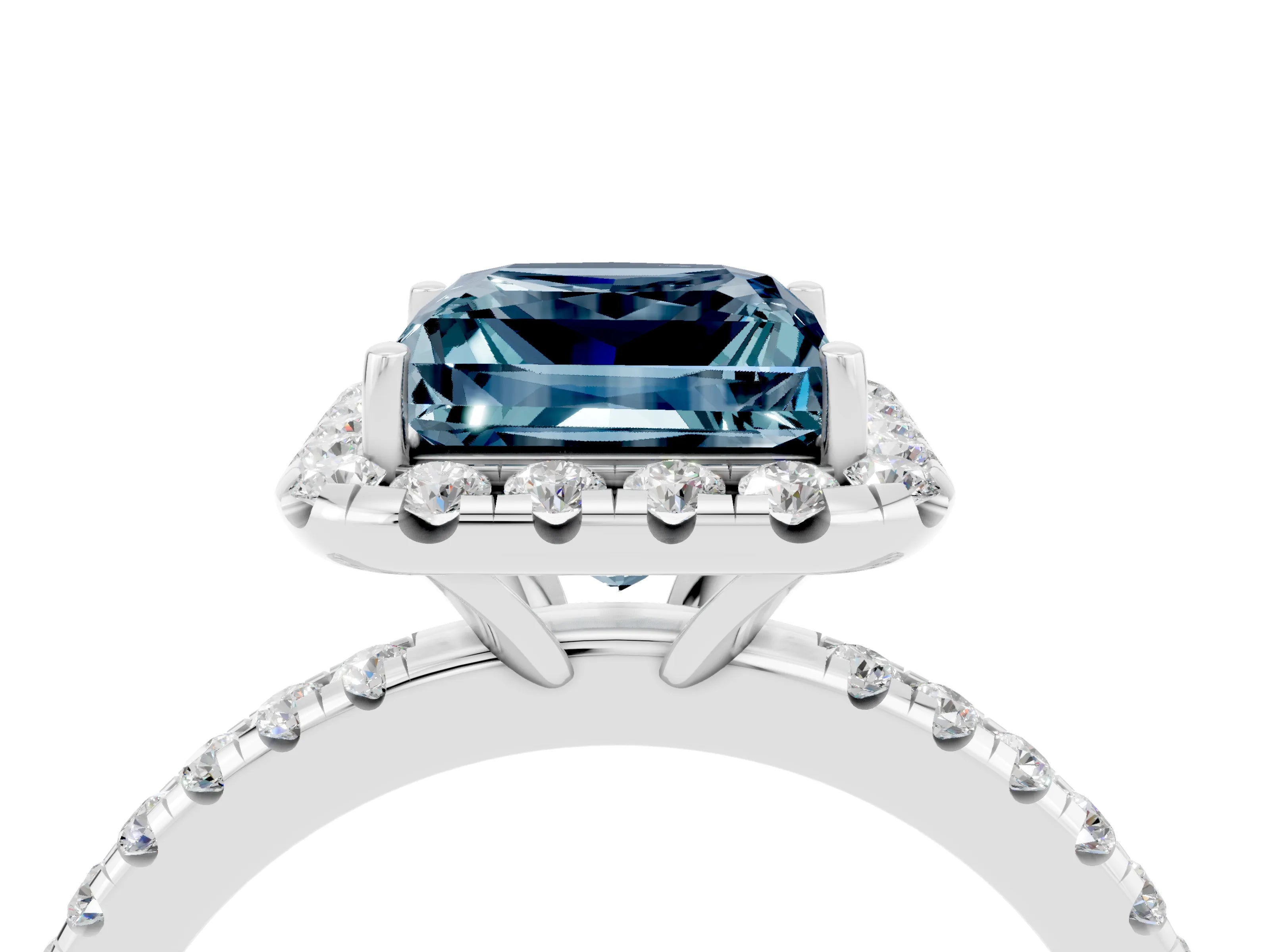 White gold Princess Cut Halo Round Diamond Pavé Band Four-Prong Ring_4