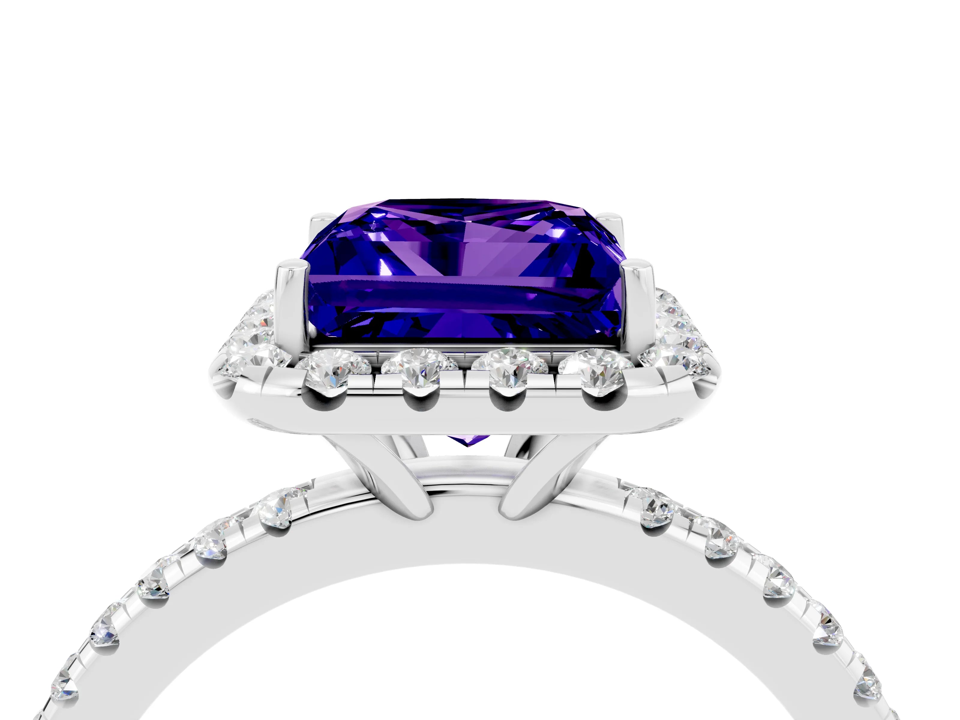 White gold Princess Cut Halo Round Diamond Pavé Band Four-Prong Ring_4