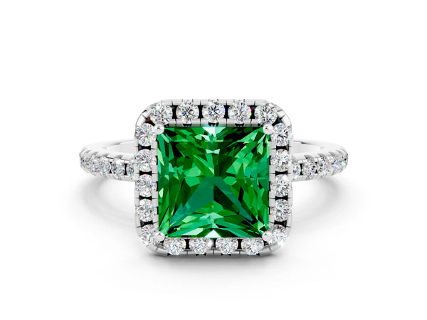Platinum Princess Cut Emerald Halo Ring with Round Pavé Band and Prong Setting