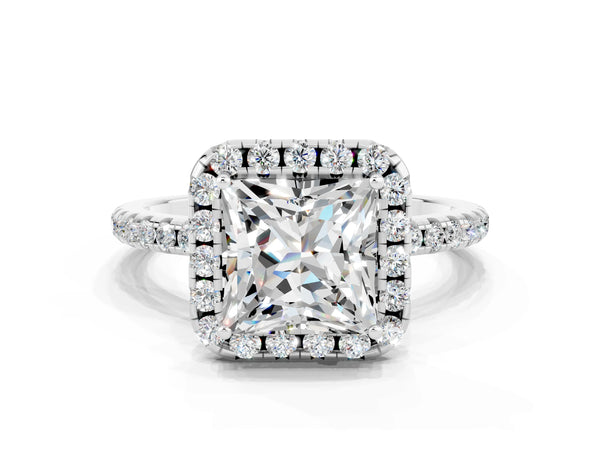 Silver Princess Cut Moissanite Halo Ring with Round Pavé Band and Prong Setting