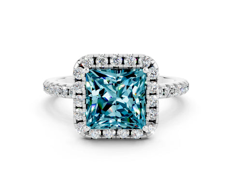 White gold Princess Cut Halo Round Diamond Pavé Band Four-Prong Ring