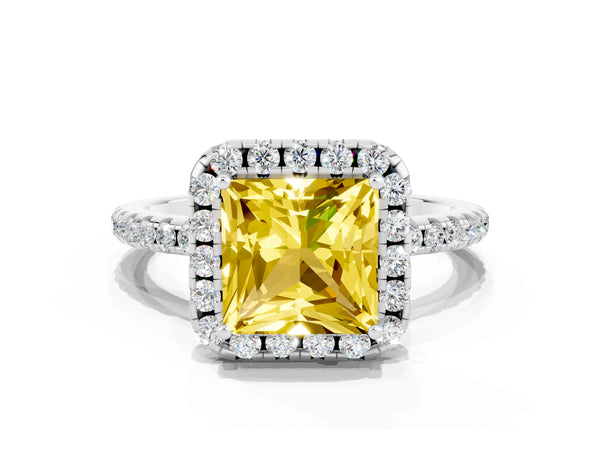 Platinum Princess Cut Yellow Sapphire Halo Ring with Round Pavé Band and Prong Setting