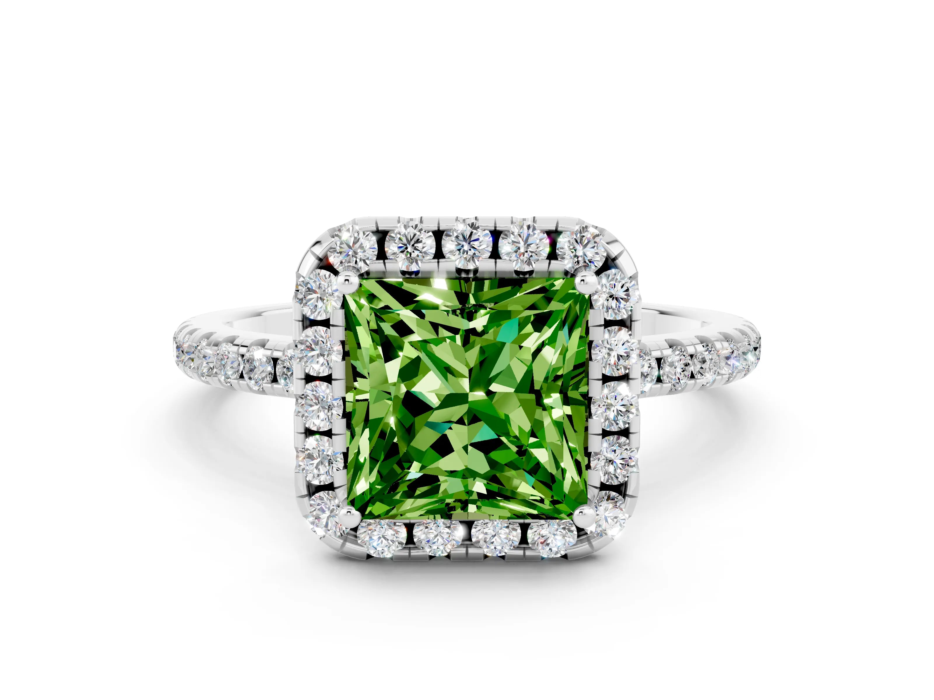 White gold Princess Cut Halo Round Diamond Pavé Band Four-Prong Ring