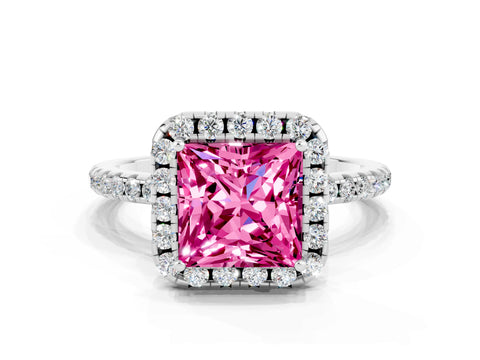 White gold Princess Cut Halo Round Diamond Pavé Band Four-Prong Ring