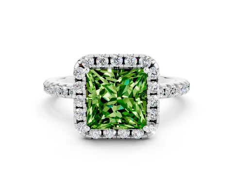 White gold Princess Cut Halo Round Diamond Pavé Band Four-Prong Ring