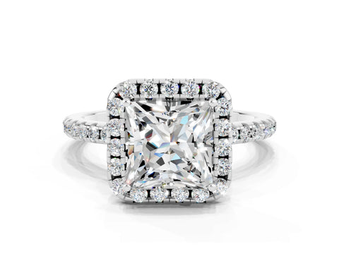 White gold Princess Cut Halo Round Diamond Pavé Band Four-Prong Ring