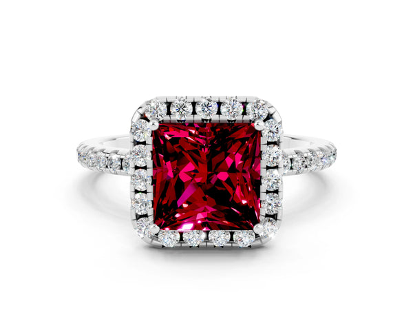 Platinum Princess Cut Garnet Halo Ring with Round Pavé Band and Prong Setting