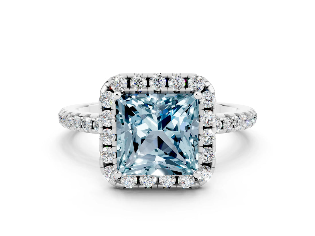 White gold Princess Cut Halo Round Diamond Pavé Band Four-Prong Ring