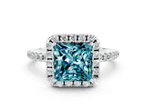 White gold Princess Cut Halo Round Diamond Pavé Band Four-Prong Ring