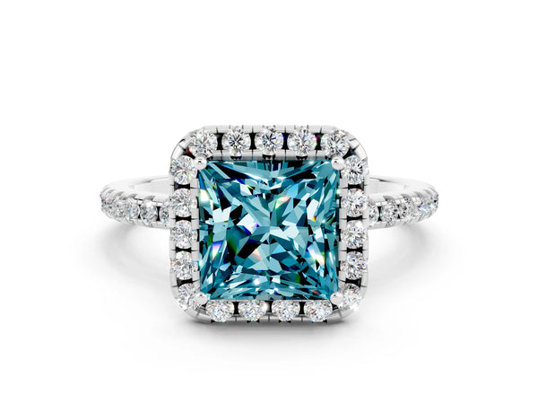 Silver Princess Cut Halo Round Diamond Pavé Band Four-Prong Ring