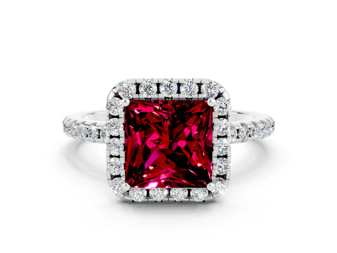 White gold Princess Cut Halo Round Diamond Pavé Band Four-Prong Ring