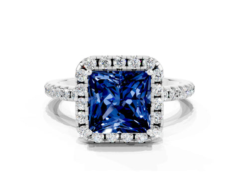 White gold Princess Cut Halo Round Diamond Pavé Band Four-Prong Ring