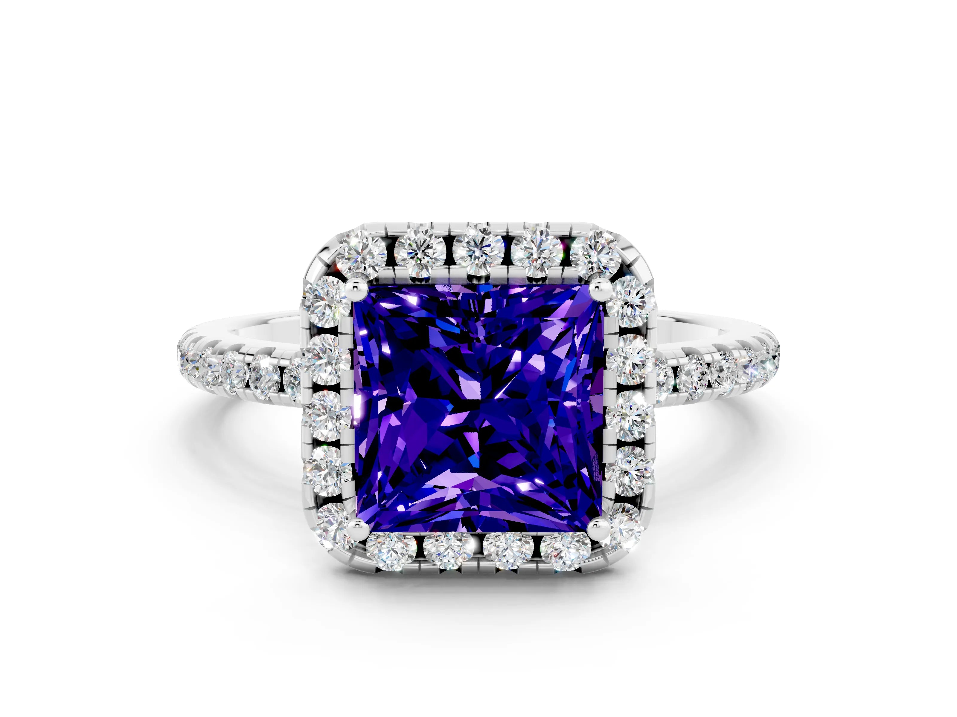 White gold Princess Cut Halo Round Diamond Pavé Band Four-Prong Ring