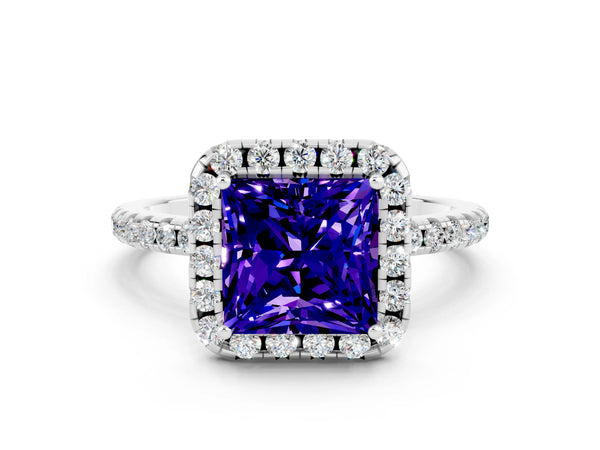 Platinum Princess Cut Tanzanite Halo Ring with Round Pavé Band and Prong Setting