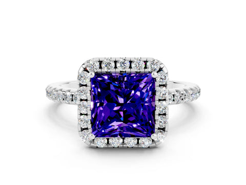 White gold Princess Cut Halo Round Diamond Pavé Band Four-Prong Ring