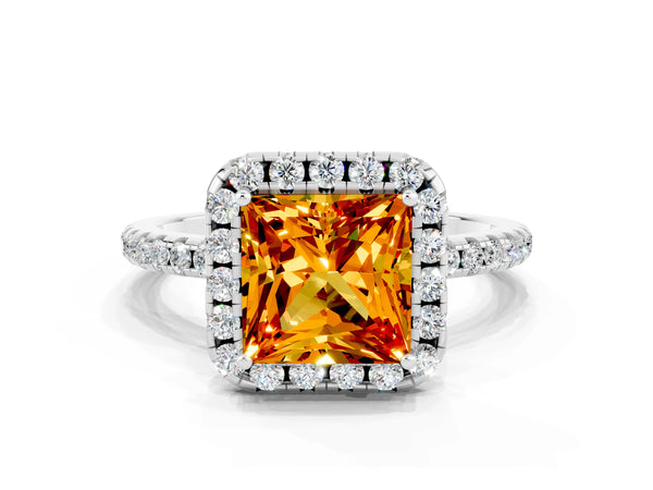 Silver Princess Cut Citrine Halo Ring with Round Pavé Band and Prong Setting