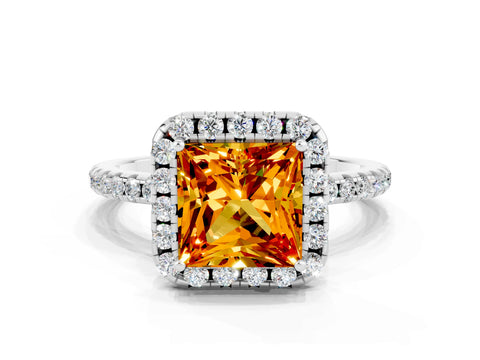 White gold Princess Cut Halo Round Diamond Pavé Band Four-Prong Ring