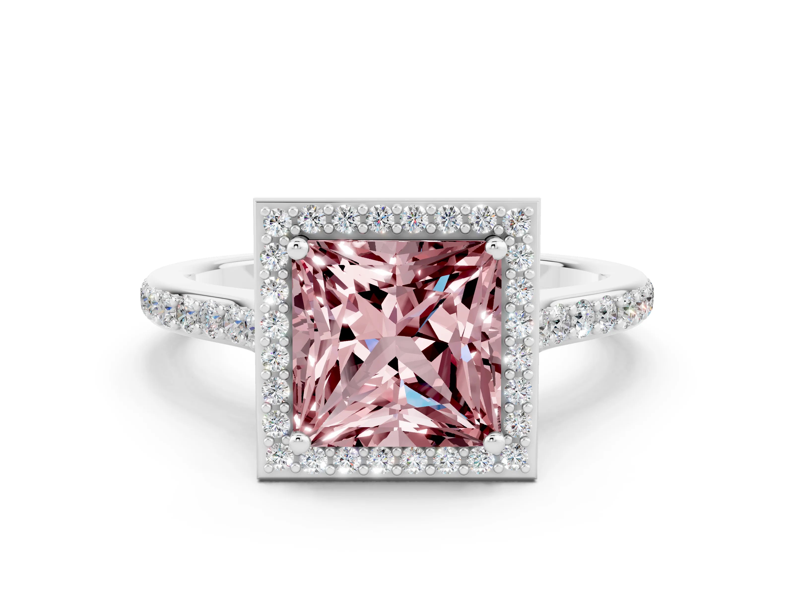 White gold Princess Cut Halo Round Diamond Pavé Band with Four-Prong Setting