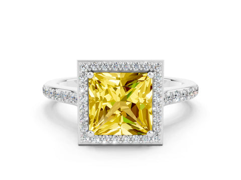 White gold Princess Cut Halo Round Diamond Pavé Band with Four-Prong Setting