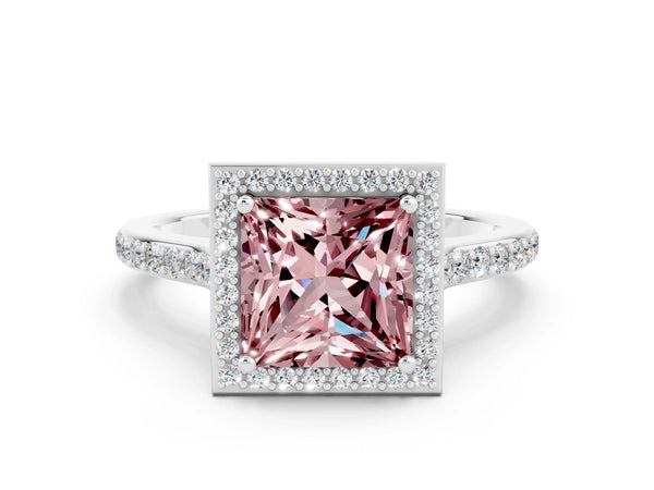 White gold Princess Cut Halo Round Diamond Pavé Band with Four-Prong Setting