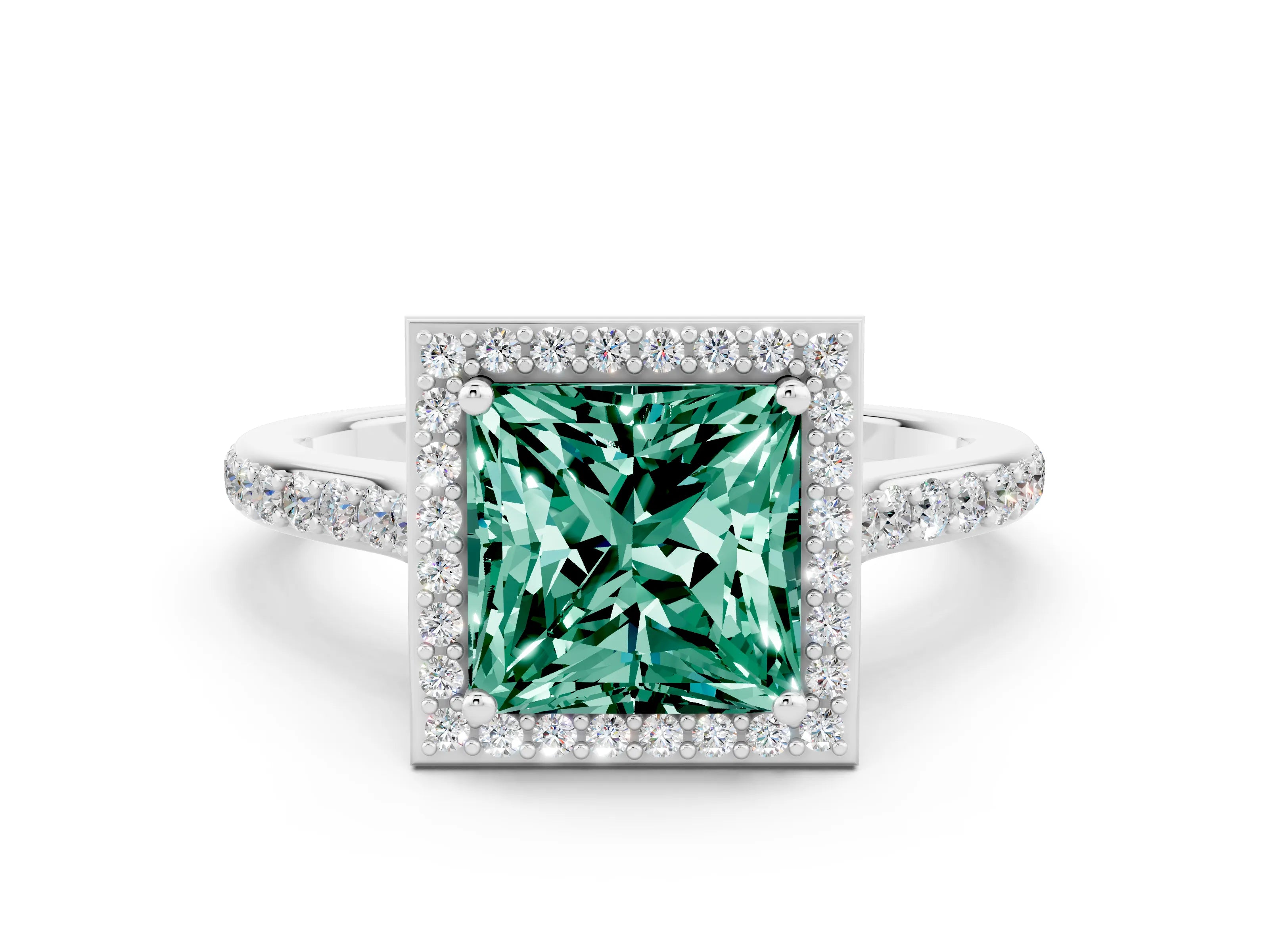 White gold Princess Cut Halo Round Diamond Pavé Band with Four-Prong Setting