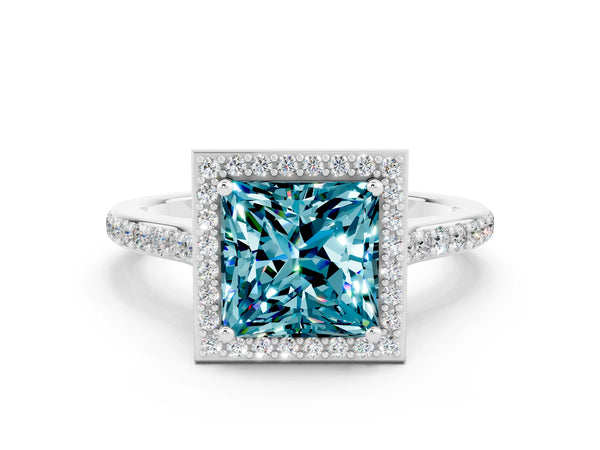 Silver Princess Cut Halo Round Diamond Pavé Band with Four-Prong Setting