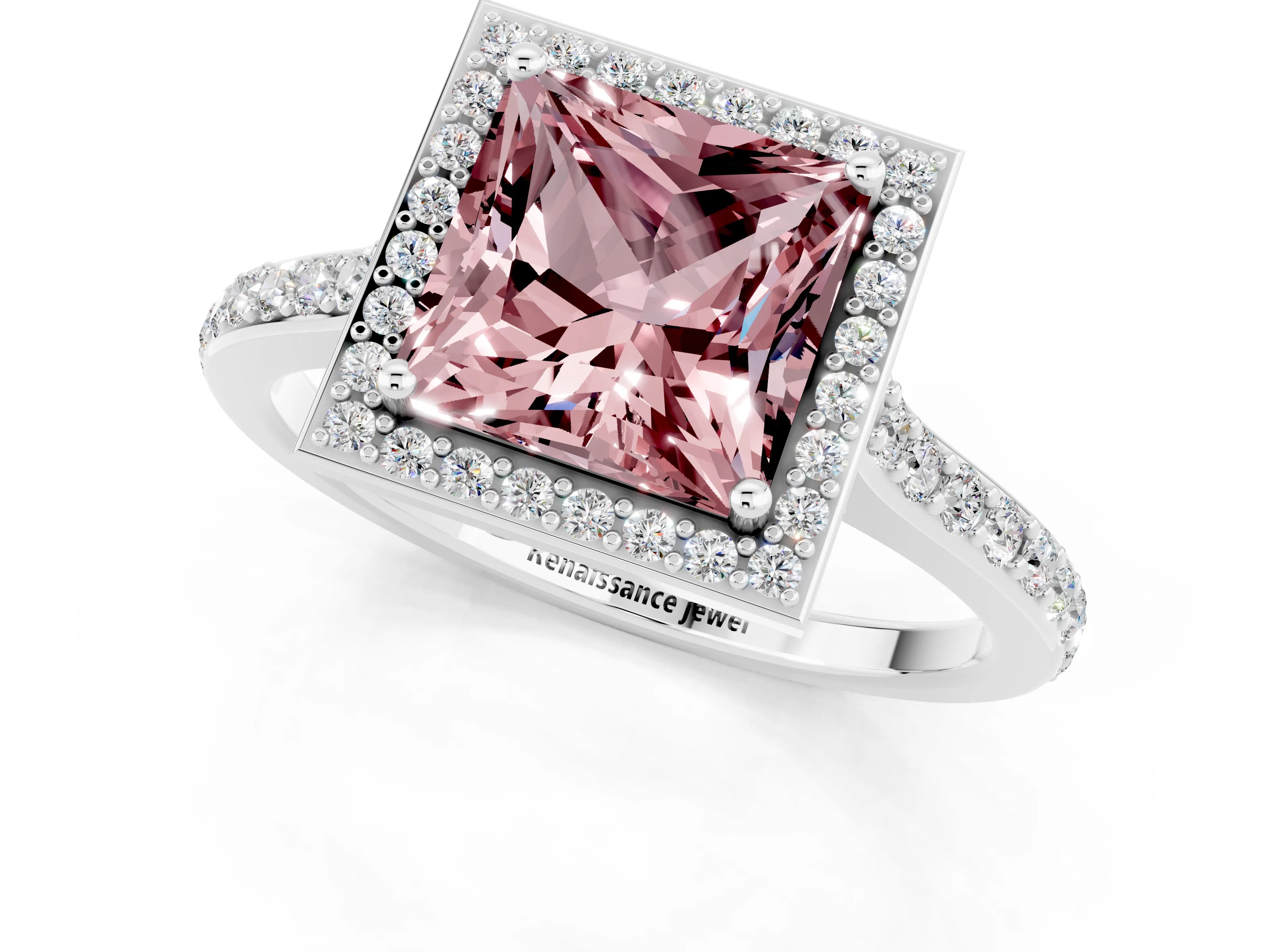 White gold Princess Cut Halo Round Diamond Pavé Band with Four-Prong Setting_1