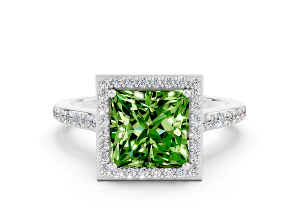 White gold Princess Cut Halo Round Diamond Pavé Band with Four-Prong Setting