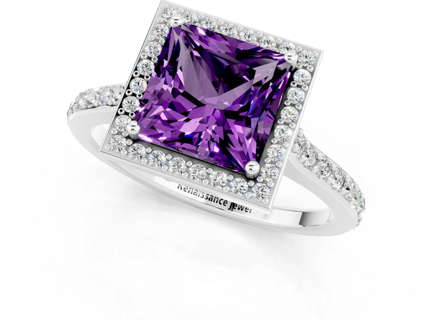Platinum Princess Cut Amethyst Halo Engagement Ring with Round Pavé Shoulders and Prong Setting