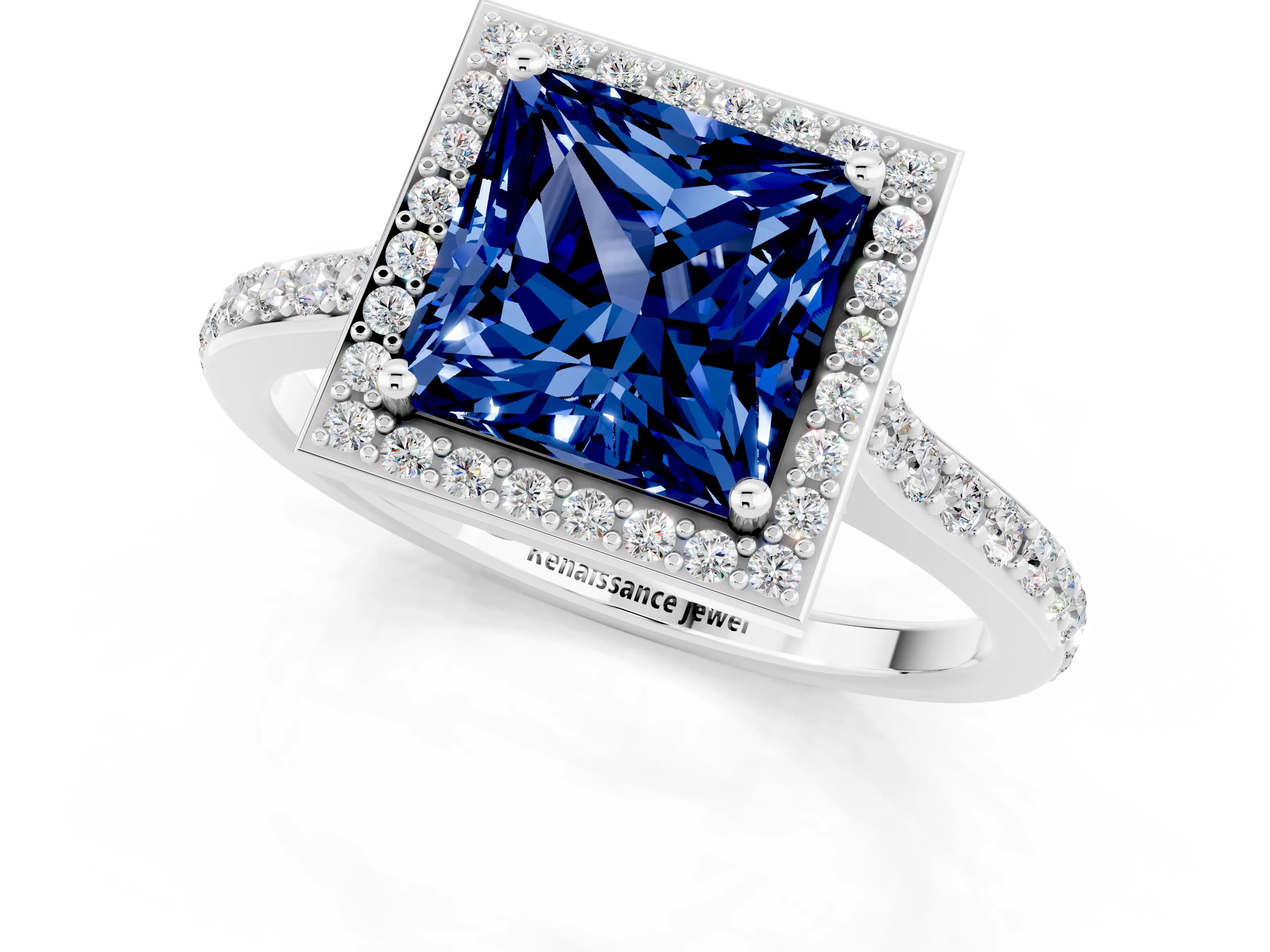 White gold Princess Cut Halo Round Diamond Pavé Band with Four-Prong Setting_1