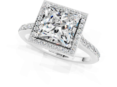 White gold Princess Cut Halo Round Diamond Pavé Band with Four-Prong Setting_1