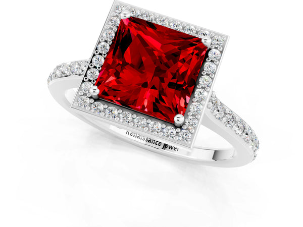 Platinum Princess Cut Halo Round Diamond Pavé Band with Four-Prong Setting