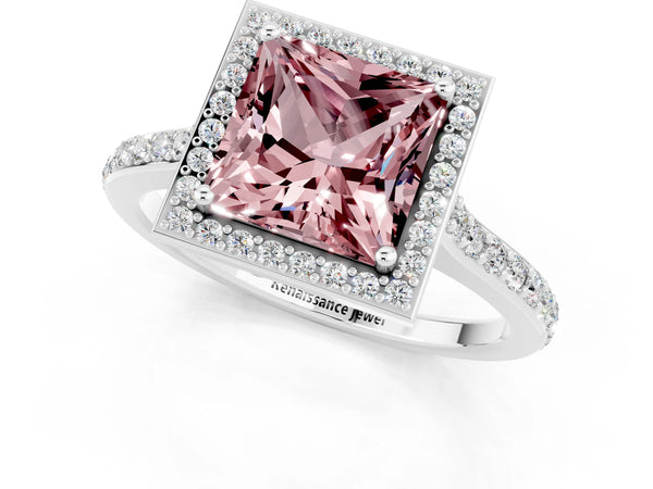 Silver Princess Cut Halo Round Diamond Pavé Band with Four-Prong Setting