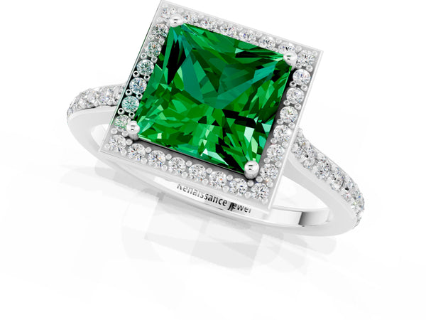 Silver Princess Cut Emerald Halo Engagement Ring with Round Pavé Shoulders and Prong Setting