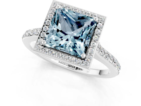 White gold Princess Cut Halo Round Diamond Pavé Band with Four-Prong Setting_1