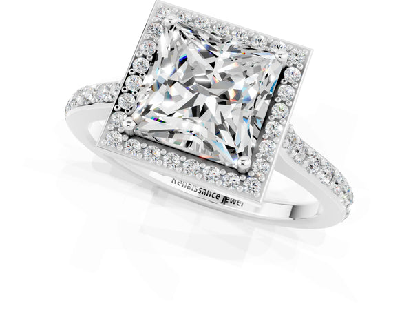 White gold Princess Cut Moissanite Halo Engagement Ring with Round Pavé Shoulders and Prong Setting