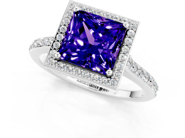 Silver Princess Cut Tanzanite Halo Engagement Ring with Round Pavé Shoulders and Prong Setting