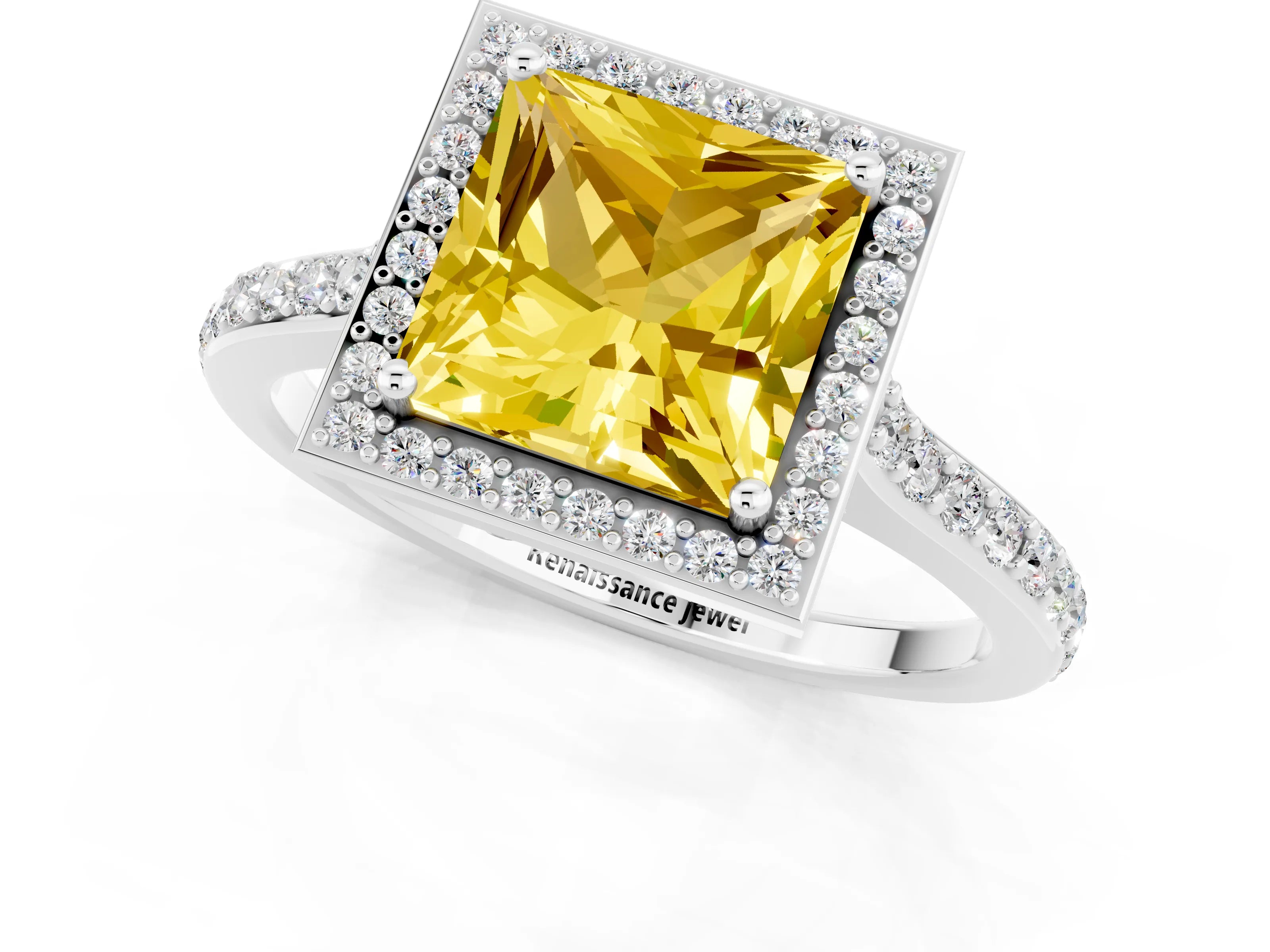 White gold Princess Cut Halo Round Diamond Pavé Band with Four-Prong Setting_1