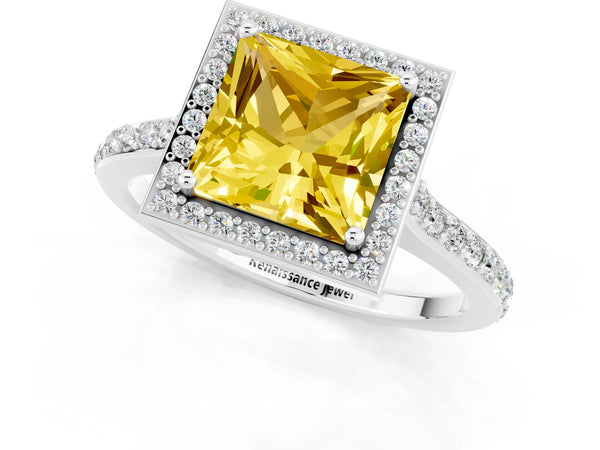 White gold Princess Cut Yellow Sapphire Halo Engagement Ring with Round Pavé Shoulders and Prong Setting