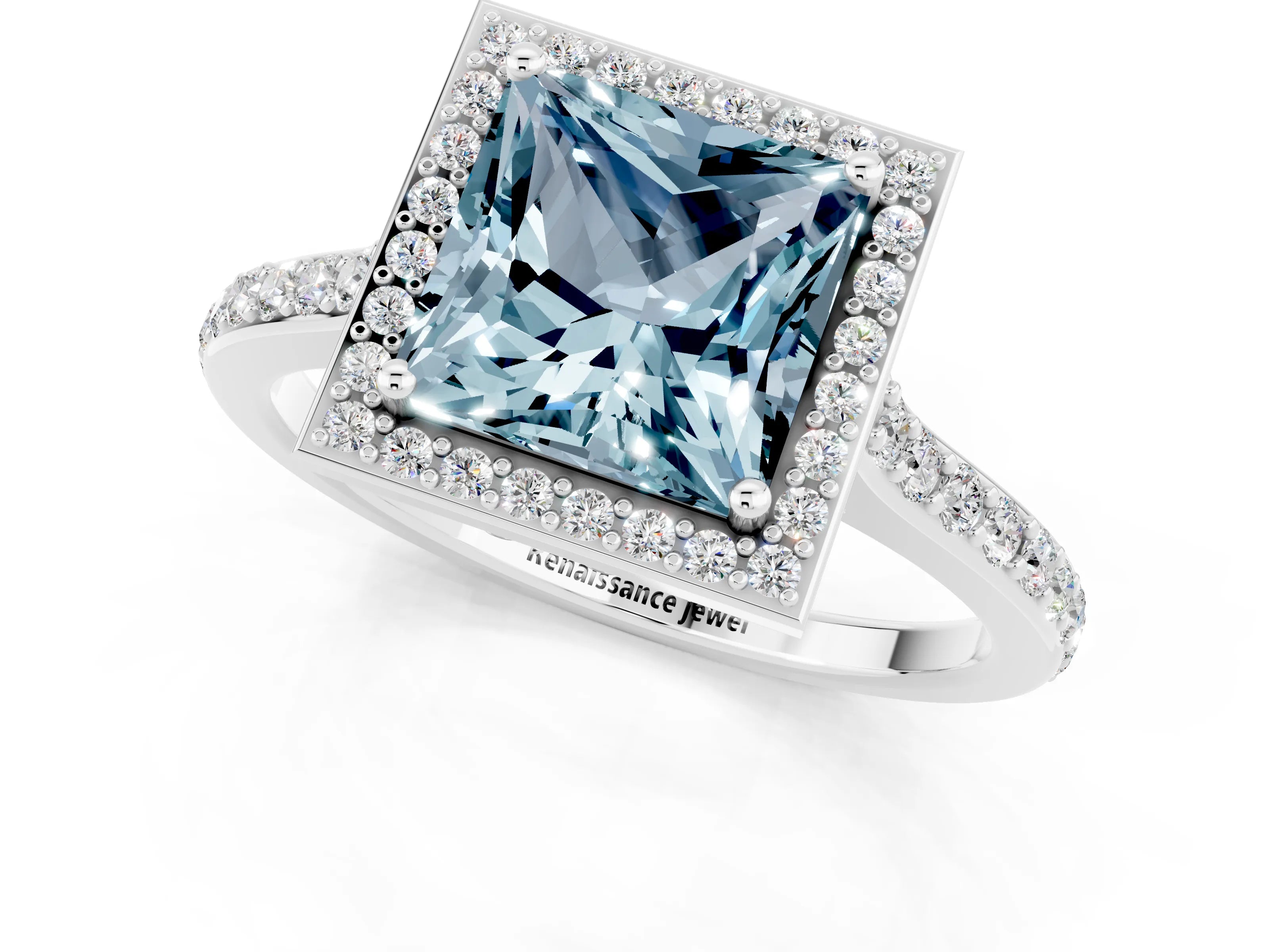 White gold Princess Cut Halo Round Diamond Pavé Band with Four-Prong Setting_1