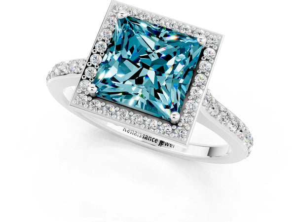 Silver Princess Cut Halo Round Diamond Pavé Band with Four-Prong Setting