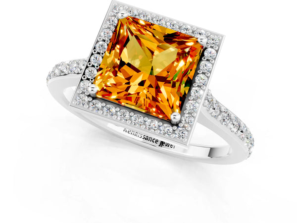 Silver Princess Cut Citrine Halo Engagement Ring with Round Pavé Shoulders and Prong Setting